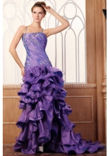 Purple Column Spaghetti Straps Prom Dress with Beading and Layers