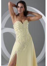 Sweep Train High Slit Light Yellow Prom Dress with Beading