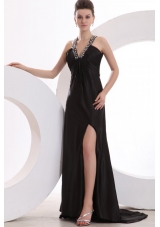 Empire Black V-neck Beading and High Silt Prom Dress with Brush Train