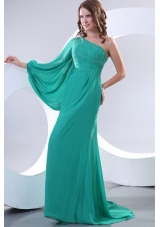 Green One Shoulder Long Sleeve Beaded Decorate Prom Dress for 2014