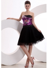 A-line Black and Purple Appliques Beading Tulle Strapless Prom Dress