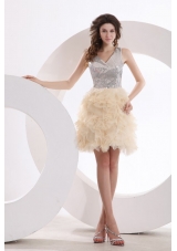 A-line Champagne V-neck Sequins Knee-length Prom Dress