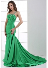 A-line Green One Shoulder Beading and Ruche Sweet Train Prom Dress