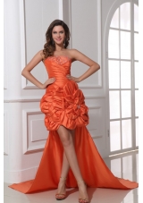 A-line Orange Red Strapless Ruching and Beading High-low Prom Dress