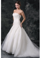A-Line Tulle Sweetheart Court Train Beading Appliques Lace Up Taffeta Wedding Dress