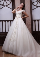 Ball Gown Scoop Appliques Tulle Wedding Dress with Chapel Train