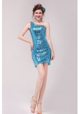 Column Blue One Shoulder Sequin Mini-length Prom Dress