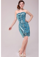 Column Strapless Blue Sequins Prom Dress with Knee-length