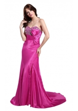 Column Sweetheart Hot Pink Brush Train Prom Dress with Beading
