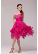 Hot Pink Sweetheart Beading and Ruffles Asymmetrical Prom Dress
