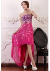 Rhinestone and Beading Strapless High-low Chiffon Hot Pink Prom Dress
