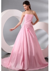 Rose Pink Strapless Ruching Brush Train Taffeta Prom Dress
