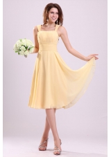 Simple Yellow Bridesmaid Dress with A-line Straps Tea-length
