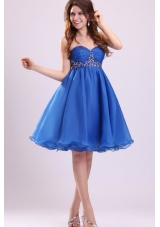 Sweetheart Beaded Short Blue Prom Dress with Knee-length