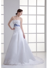 A-line Appliques Strapless Satin Belt Court Train Wedding Dress