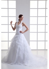 A-line Halter Top Appliques and Ruching Court Train Wedding Dress