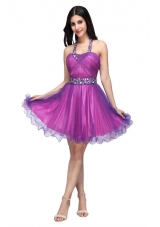 A-line Halter Top Beading and Ruching Knee-length Purple Prom Dress