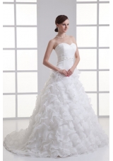 A-line Sweetheart Ruffled Layers Beading Organza Court Train Wedding Dress