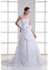 A-line Sweetheart Sash Lace Court Train Wedding Dress