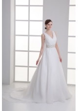 A-line V-neck Ruching Organza Beading Belt Court Train Wedding Dress