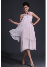 Baby Pink Bateau Flowers Prom Dress with Tea-length