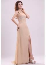 Champagen High Slit One Shoulder Prom Dress with Appliques and Beading