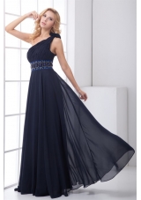 Discount Empire One shoulder Chiffon Navy Blue Beading Prom Dress with Side Zipper