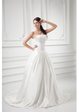 Elegant A-line Strapless Sweep Train Wedding Dress with Satin