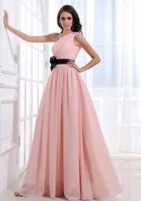 Empire One Shoulder Floor-length Pink Ruching Prom Dress with Side Zipper