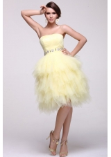 Light Yellow A-line Strapless Beaded Prom Dress with Layers