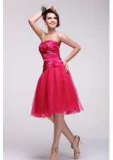 Pretty A-line Strapless Knee-length Beading Taffeta Hot Pink Prom Dress