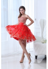 Red A-line Sweetheart Knee-length Tulle Prom Dress with Beading and Hand Made Flowers