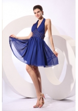 Royal Blue Halter Top Knee-length Prom Dress with Beading