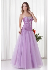 2014 A-line Strapless Lilac Beading Tulle Prom Dress with Lace Up