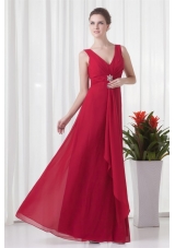 2014 Cheap Empire V-neck Chiffon Red Beading Prom Dress