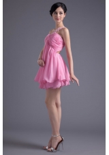 A-line One Shoulder Mini-length Pink Chiffon Ruching Prom Dress with Criss Cross