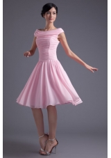 A-line Pink Off the Shoulder Chiffon Knee-length Ruching Prom Dress