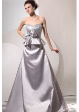 A-line Sweetheart Silver Beading and Ruching Bow Wedding Dress