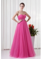 A-line Tulle Sweetheart Hot Pink Ruching Long Prom Dress