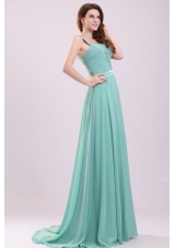 Aqua Blue Empire Straps Beading Green Chiffon Prom Dress with Brush Train