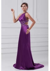 Column One Shoulder Brush Train Elastic Woven Satin Beading Purple Prom Dress