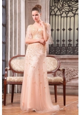 Column V-neck Sweep Train Wedding Dress with Appliques and Beading