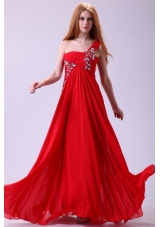 Empire One Shoulder Chiffon Red Prom Dress Beading Floor-length