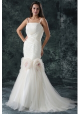 Pretty Brush Train Mermaid Spaghetti Straps Wedding Dress with Flowers
