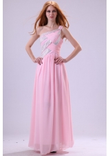 Pretty Empire One Shoulder Floor-length Pink Beading Chiffon Prom Dress
