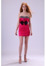Red Column Sweetheart Mini-length Taffeta Beading and Bowknot Red Prom Dress