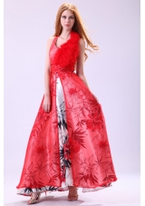 Red Empire Halter Long Beading Chiffon 2014 Prom Dress