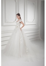 Romantic A-line V-neck Wedding Dress with Appliques and Embroidery