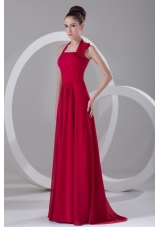 Simple Empire Halter Red Floor-length Ruching Chiffon Prom Dress
