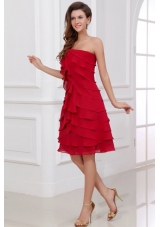 Wine Red Empire Strapless Prom Dress with Ruffled Layers